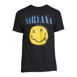 Nirvana T-Shirt Smiley Face Logo Black Graphic Tee Short Sleeve Blue Yellow 2XL